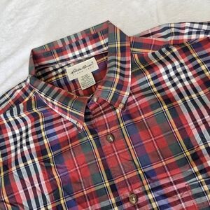 Vintage Eddie Bauer Red Plaid Classic Long Sleeve Button Down Mens Shirt 2XL